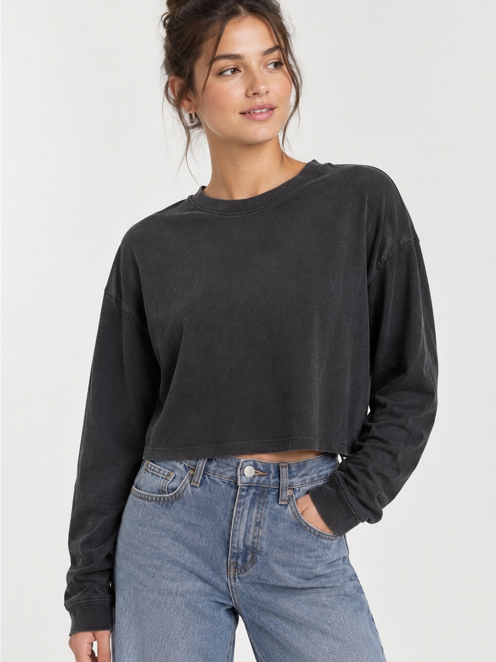 American Eagle AE Boxy Cropped Long Sleeve T-Shirt Washed Black Size S